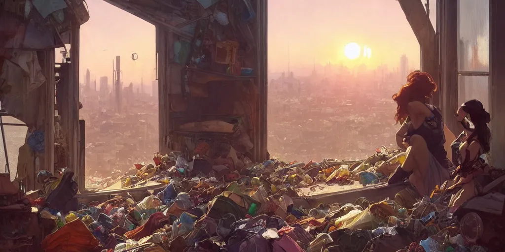 Prompt: seen from broken window!! garbage dump, city is pure wasteland, sunset in background, detailed characters, alphonse mucha, greg rutkowski, trending on artstation, artgerm, breathtaking, sharp focus, smooth, mark arian, award winning, highly detailed 4 k art