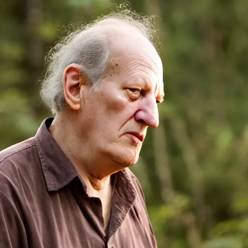 Prompt: werner herzog looking disturbed listening to that dude get murdered by a bear.