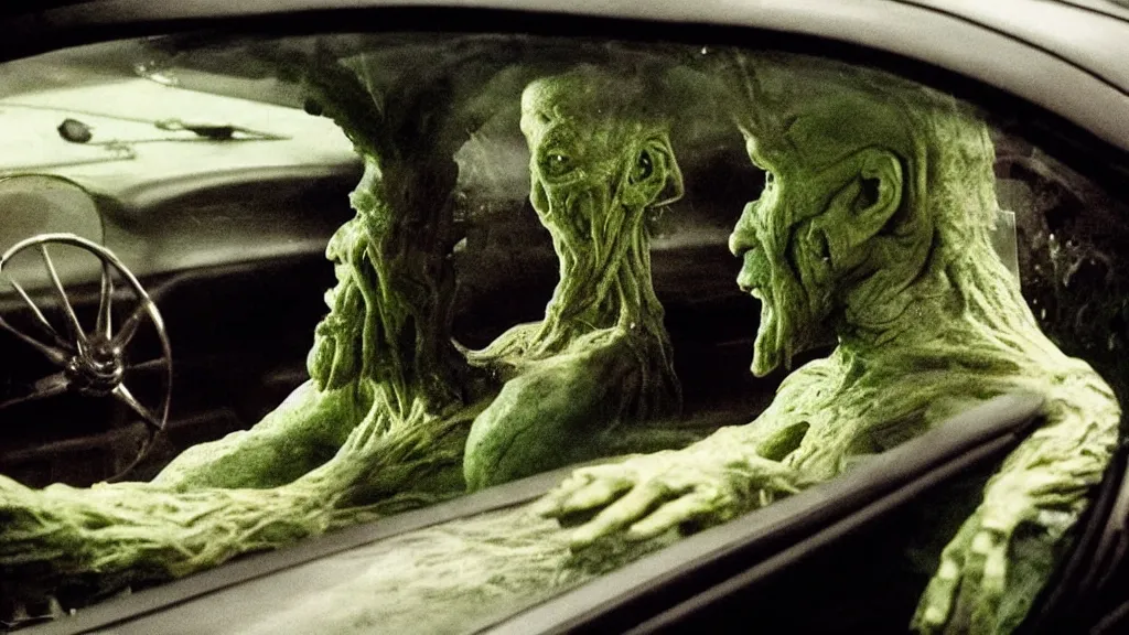 Prompt: the creature sits in a car, made of wax and metal, they vibin', film still from the movie directed by Denis Villeneuve and David Cronenberg with art direction by Salvador Dalí, wide lens