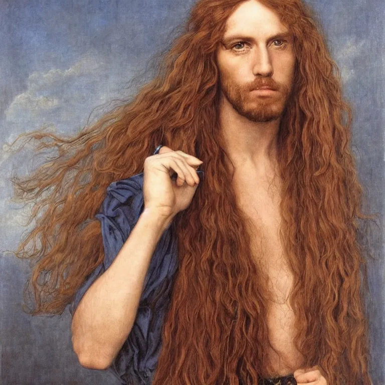 Image similar to Pre-Raphaelite portrait of 1980s thrash metal band leader singer, with very long blond hair and grey eyes