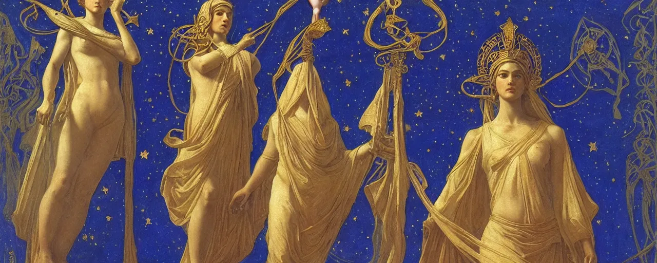 Image similar to saint woman, venus, athena, queen, by annie swynnerton and nicholas roerich and jean delville, strong dramatic cinematic lighting, ornate headdress, flowing robes, lost civilizations, smooth, sharp focus, extremely detailed, marble, stars, gold, space