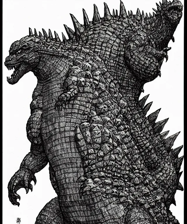 Image similar to godzilla as a d & d monster, full body, pen - and - ink illustration, etching, by russ nicholson, david a trampier, larry elmore, 1 9 8 1, hq scan, intricate details, stylized border