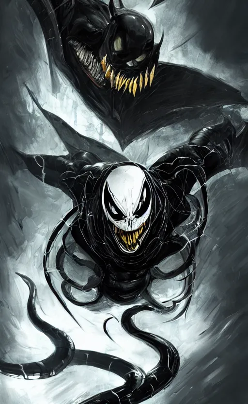 Image similar to venom as batman, dynamic lighting, photorealistic fantasy concept art, trending on art station, stunning visuals, terrifying, creative, cinematic