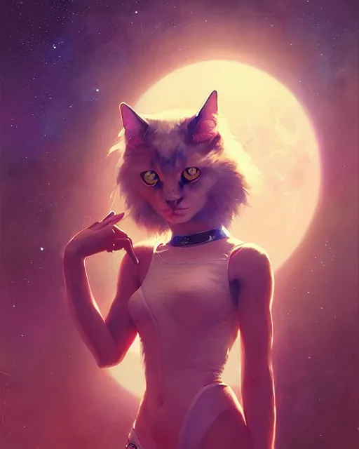 Prompt: a potrait of a space cat, fine details. night setting. realistic shaded lighting poster by ilya kuvshinov katsuhiro, artgerm, jeremy lipkin and michael garmash, unreal engine, radiant light, detailed and intricate environment