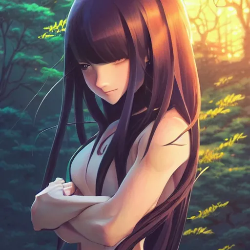 Image similar to a beautiful girl with long dark hair, wearing a ninja uniform, forest background, intricate, highly detailed, digital painting, artstation, official media, anime key visual, concept art, rich vivid colors, ambient lighting, sharp focus, illustration, art by Artgerm, Makoto Shinkai, Ilya Kuvshinov, Lois Van Baarle, and Rossdraws