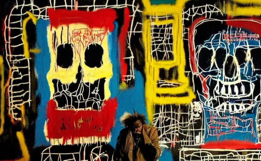 Image similar to photograph of basquiat skull machine perfect composition masterpiece dramatic lighting