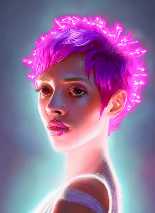 Image similar to portrait of vanessa morgan with bright pink hair, curly pixie cut hair, wearing a purple breton cap, breton cap, hoop earrings, intricate, elegant, glowing lights, highly detailed, digital painting, artstation, concept art, smooth, sharp focus, illustration, art by wlop, mars ravelo and greg rutkowski