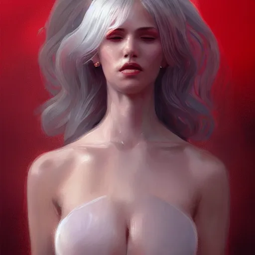 Prompt: god, non-binary, white hair, red clothes, gorgeous, amazing, feminine, elegant, intricate, highly detailed, digital painting, artstation, concept art, sharp focus, illustration, art by WLOP and greg rutkowski
