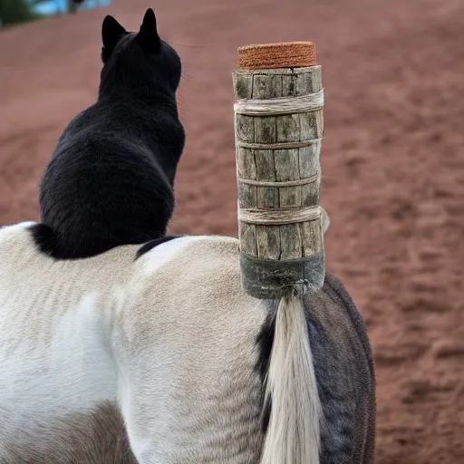 Image similar to a cat riding on a horses back