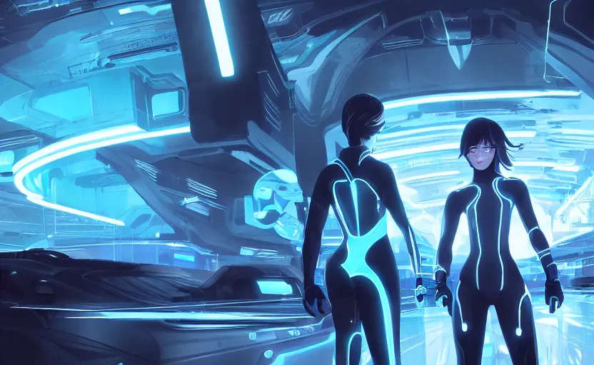 Prompt: tron legacy scenery of a woman in a neon blue matte black outfit, full shot, atmospheric lighting, detailed faces, by makoto shinkai, stanley artgerm lau, wlop, rossdraws