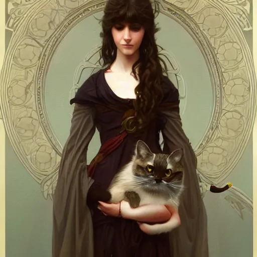 Image similar to portrait of a psych girl with her mad cat, intricate, elegant, highly detailed, digital painting, artstation, concept art, smooth, sharp focus, illustration, art by artgerm and greg rutkowski and alphonse mucha and william - adolphe bouguereau