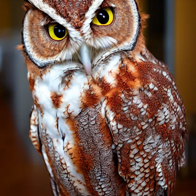 Image similar to a person wearing a fursuit of a red morph screech owl fursona, fursona, furry convention, hotel lobby, indoors, photograph, furry fandom, photorealistic,