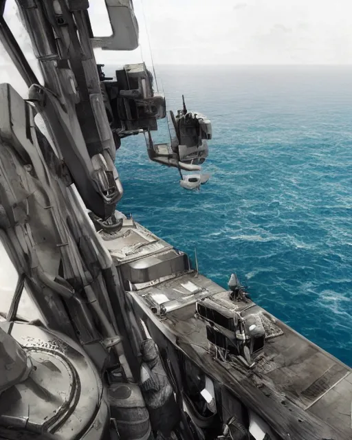 Image similar to view from an aircraft carrier of stormy seas, stormy weather, unreal engine, hyper realism, realistic shading, cinematic composition, realistic render, octane render, detailed textures, photorealistic, ultrawide shot, 16mm lens