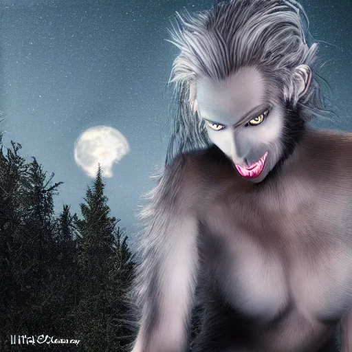 Prompt: female werewolf transformation at night with black realistic fur, under the moon, ultra detail, ultra realistic, 8 k