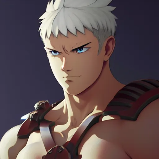 Prompt: strong muscular warrior with a greatsword and wearing plate armor, square masculine facial features, short messy hair, intimidating appearance, 3 d octane render, unreal engine 5, ultra high detail, cel shaded, trending on pixiv fanbox, by greg rutkowski makoto shinkai takashi takeuchi studio ghibli, akihiko yoshida