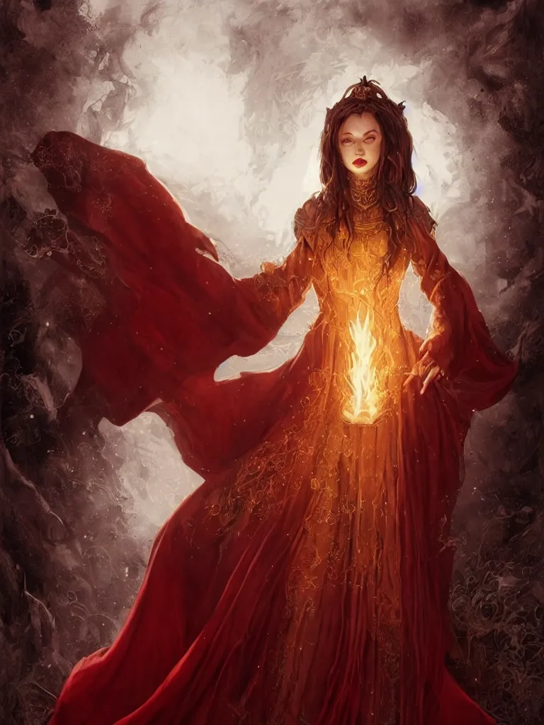 Prompt: Portrait of a beautiful sorceress, alone!!, dnd, d&d, toned shape, Red robes, golden accents, crimson clothes, corset, neckline, young, dark red hair, dark skin, burning eyes, floating, detailed face!, highly detailed, high fantasy, digital illustration, by Krenz Cushart and Artem Demura and alphonse mucha, artstation, HD, 4K, midjourney