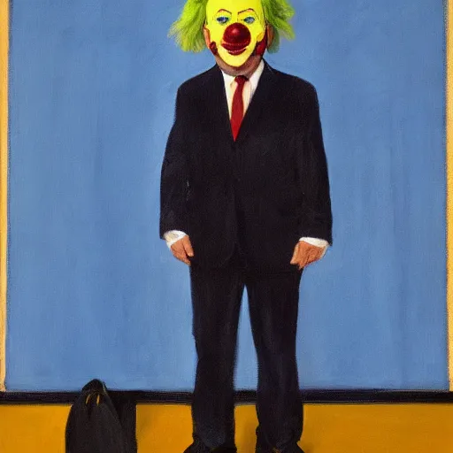 Image similar to a highly detailed fine art portrait of british prime minister boris john wearing a clown costume. in the style of edward hopper, richard hamilton.