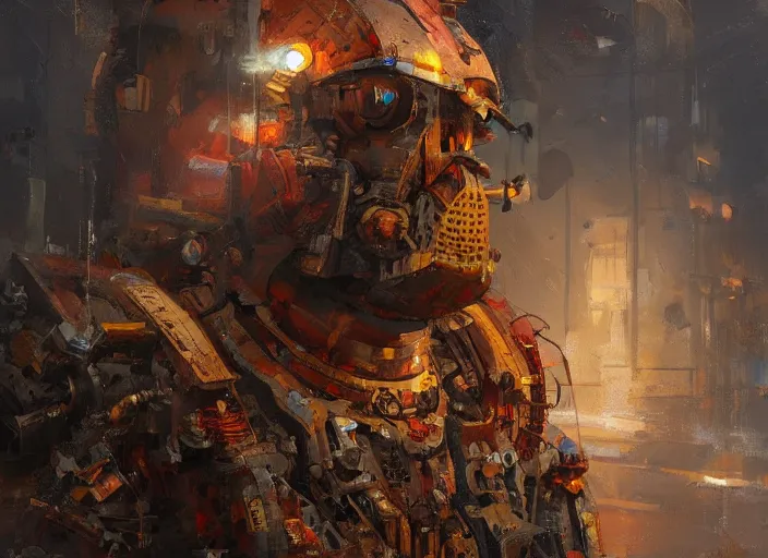 Image similar to enviroment design, a man made out of broken machine parts, warm colors, cinematic dramatic atmosphere, oil painting by jama jurabaev, extremely detailed, brush hard, artstation, for aaa game, high quality, brush stroke