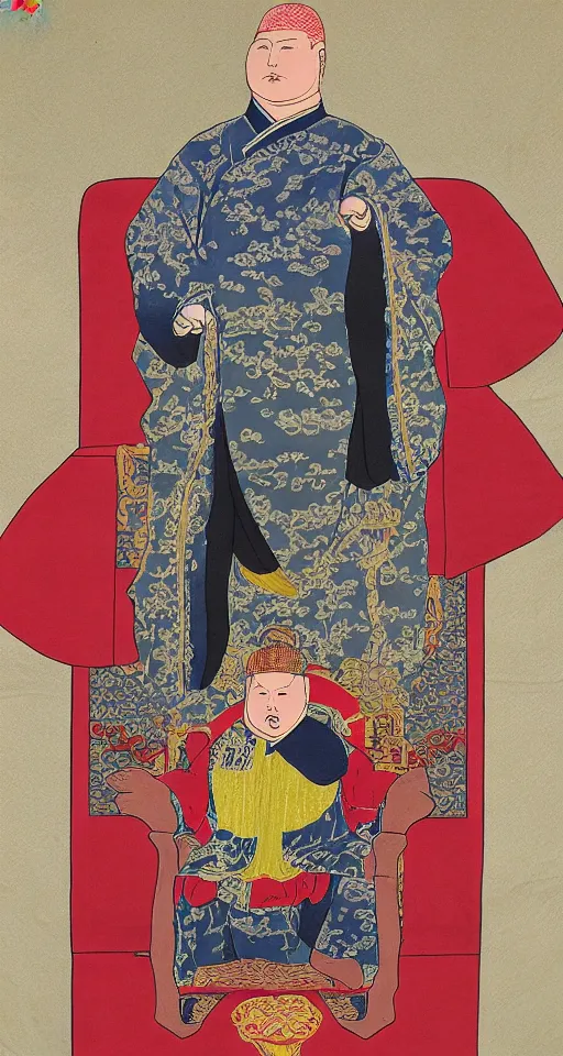 Image similar to Bobby Hill sits on his throne as emperor of Hill Dynasty China, ink and color on silk, imperial portrait