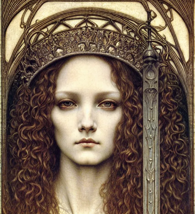 Image similar to detailed realistic beautiful young medieval queen face portrait by jean delville, gustave dore and marco mazzoni, art nouveau, symbolist, visionary, gothic, pre - raphaelite. horizontal symmetry