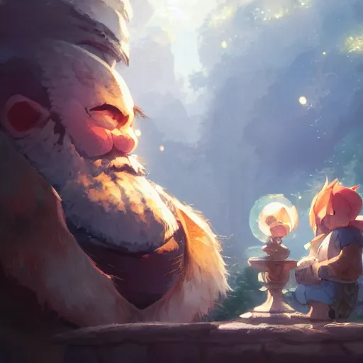 Image similar to a dwarf and a dragon drinking a beer together | gapmoe kuudere moody lighting stunning bokeh highlights sharp contrast | trending pixiv fanbox | by greg rutkowski makoto shinkai takashi takeuchi studio ghibli