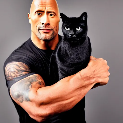 Image similar to dwayne johnson holding a black cat, studio lighting, promotional photograph