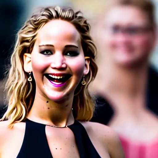 Image similar to beautiful hyperrealism hyperdetailed candid portrait of jennifer lawrence smiling widely in happy disbelief because of a marriage proposal from jennifer lawrence, flushed face, red blush, puffy lips, soft features, 8 k, sharp focus, golden hour, beach setting