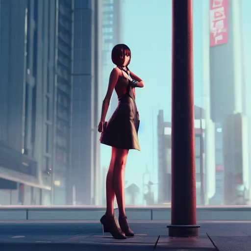 Image similar to a woman standing next to a pole in a city, cyberpunk art by Ilya Kuvshinov, cgsociety, photorealism, 2d game art, official art, daz3d