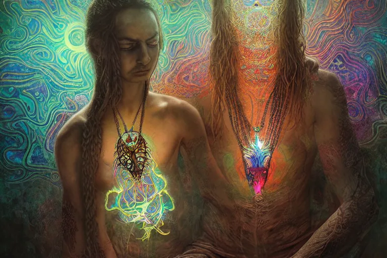 Image similar to meditating psychedelic shaman with trinket necklace, epic angle and pose, symmetrical artwork, ayahuasca, translucent, fungus, energy flows of water and fire, highly detailed, epic cinematic concept art, excellent composition, dystopian brutalist atmosphere, dynamic dramatic lighting, aesthetic, very inspirational, arthouse, Greg Rutkowski, Artgerm