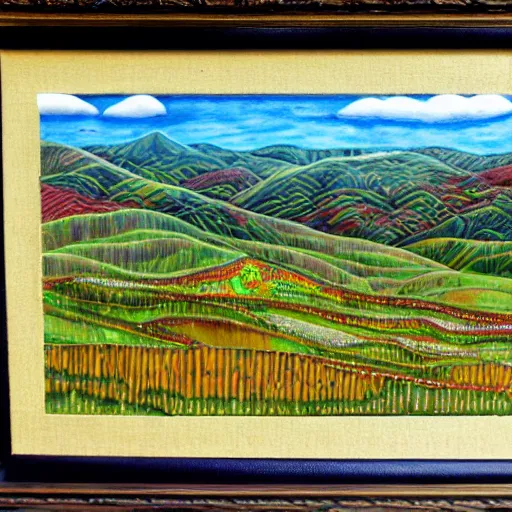 Prompt: rolling hills, appalachian folk art, mixed media, 3 d, detailed, award winning