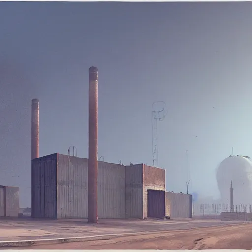 Image similar to mosque in style of steel factory, mist, simon stalenhag