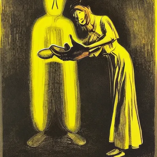 Image similar to A photograph. A rip in spacetime. Did this device in her hand open a portal to another dimension or reality?! dark yellow, lithograph by Isaac Levitan, by Paula Rego flowing, ominous