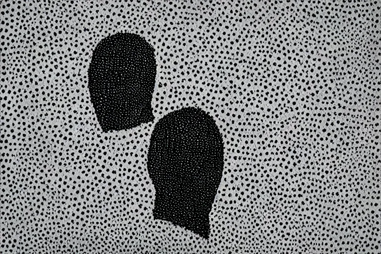 Image similar to anxiety, faceless people dark, dots, drip, stipple, pointillism, technical, abstract, minimal, style of francis bacon, asymmetry, pulled apart, cloak, eerie, made of dots, abstract, balaclava mask, colored dots, sploch