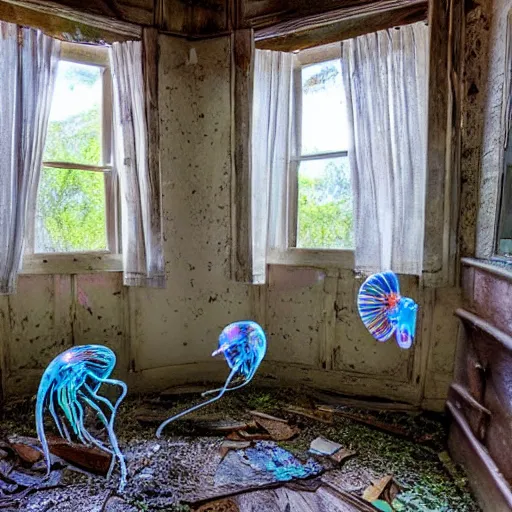 Image similar to abandoned cottage interior filled with iridescent jellyfish