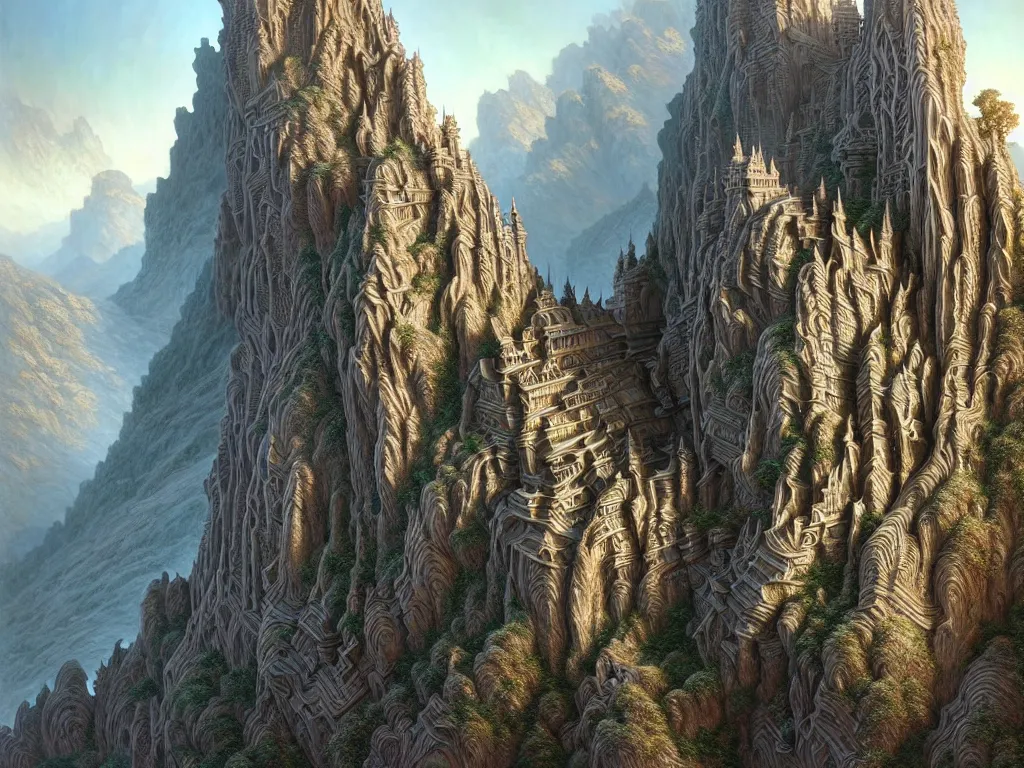 Image similar to ultra detailed, fractal cityscape carved into mountain wall, intricate details, elegant, super highly detailed, professional digital painting, artstation, concept art, smooth, sharp focus, no blur, no dof, extreme illustration, Unreal Engine 5, Photorealism, 8k, cinematic, art by artgerm and greg rutkowski and alphonse mucha and loish and WLOP