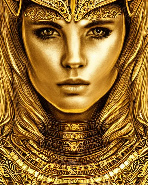 Prompt: pencil sketch portrait of woman in shining golden armor, high production value, intricate details, high resolution, hdr, high definition, masterpiece, realistic, ultrarealistic, highly detailed, hd, sharp focus, non blurry, sharp, smooth