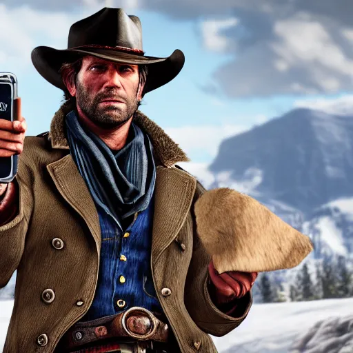 Prompt: arthur morgan from the game red dead redemption 2 holding a phone photo - realistic