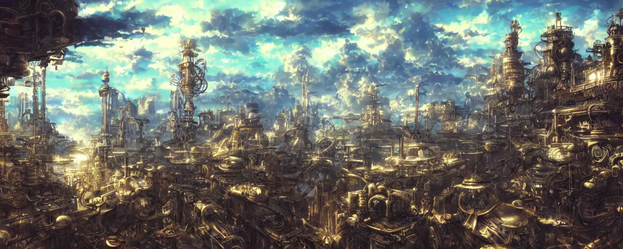 Image similar to steampunk anime landscape, beautiful, artstation trending, deviantart, highly detailed, focus, smooth, by hirohiko araki, yoshitaka amano