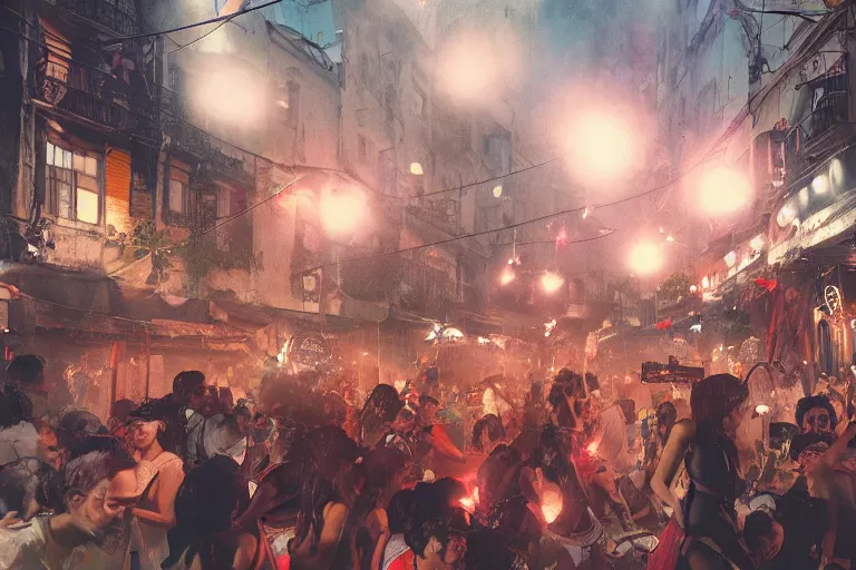 Prompt: street carnival salvador bahia, street party , cinematic lighting, dramatic atmosphere, by Dustin Nguyen, Akihiko Yoshida, Greg Tocchini, Greg Rutkowski, Cliff Chiang, 4k resolution, trending on artstation