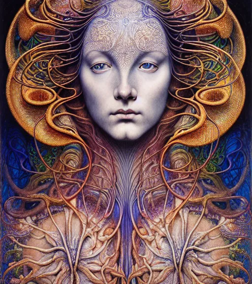 Prompt: detailed realistic beautiful polychromatic goddess face portrait by jean delville, gustave dore, iris van herpen and marco mazzoni, art forms of nature by ernst haeckel, art nouveau, symbolist, visionary, gothic, neo - gothic, pre - raphaelite, fractal lace, intricate alien botanicals, biodiversity, surreality, hyperdetailed ultrasharp octane render