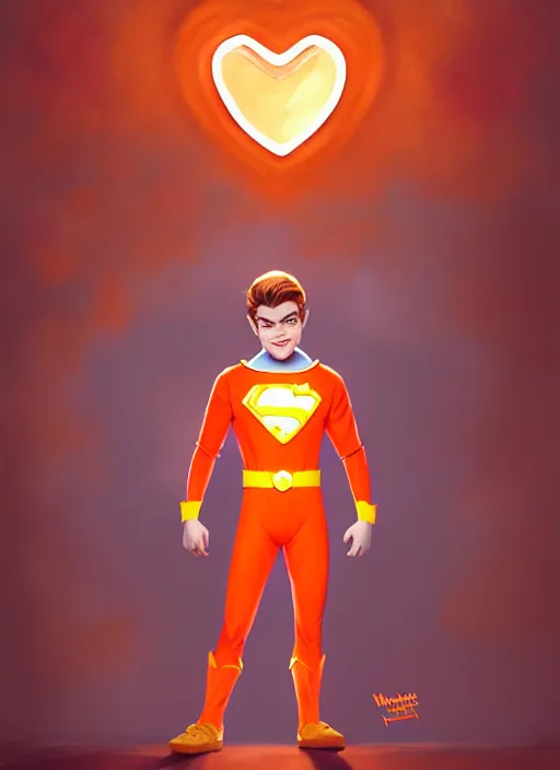 Image similar to kind teenage archie andrews wearing an orange superhero costume, superhero costume with heart emblem, cape, intricate, elegant, glowing lights, highly detailed, digital painting, artstation, sharp focus, illustration, art by wlop, mars ravelo and greg rutkowski