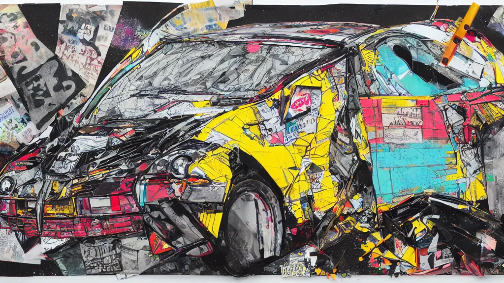 Image similar to lowrider crash test, collage paper and tape, pencil and graffiti marker, acrylic on canvas, expressionism, high resolution, cinematic, unreal 6 breathtaking detailed, by blake neubert