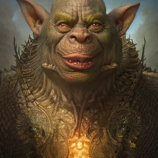 Image similar to a hyperrealistic illustration of a mix of an oger and giant and goblin, 8 k ultra realistic creature, detailed intricate, with fractal sunlight, award - winning, masterpiece, in the style of tom bagshaw, cedric peyravernay, peter mohrbacher