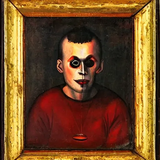 Image similar to portrait of alexander abdulov, with a red eyes, satanic body, head of old man