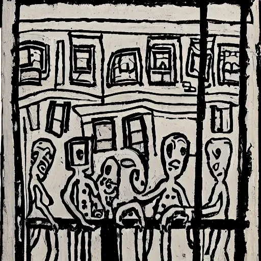 Prompt: expressive eldritch, sabattier filter by jean dubuffet. a painting of a group of people on a balcony, looking down at a street scene below. the painting is set in the rue des petits augustins, a street in paris's left bank district.