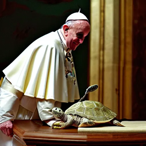 Image similar to the pope playing with his new pet turtle, photography, 8k hd resolution