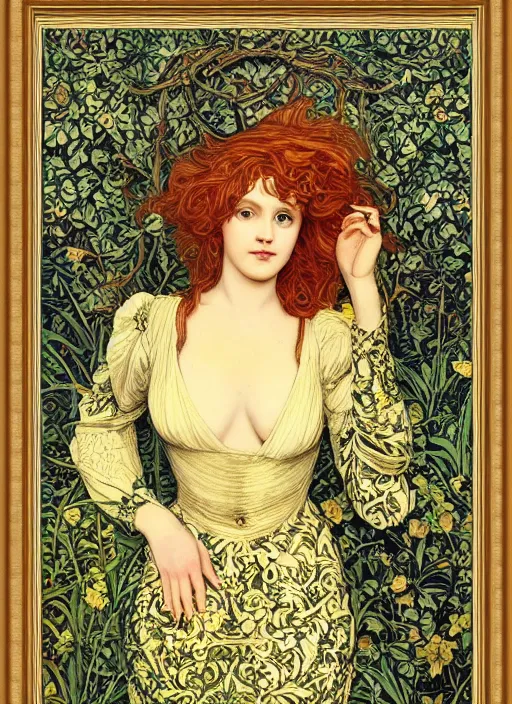 Image similar to masterpiece beautiful seductive flowing curves pose preraphaelite portrait photography, extreme closeup shot, straight bangs, thick set features, yellow ochre ornate medieval dress, mushroom forest arch, amongst foliage, william morris and kilian eng and mucha, framed, 4 k