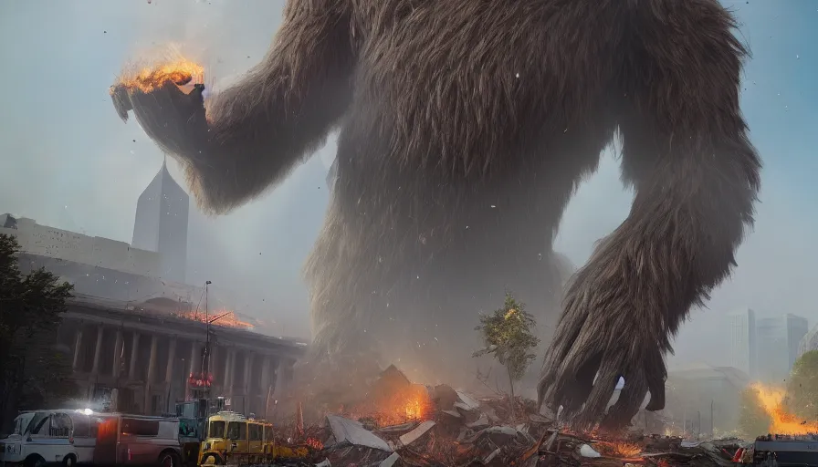 Image similar to giant bigfoot destroying washington dc, debris and fire, collapsed buildings, monster, hyperdetailed, artstation, cgsociety, 8 k