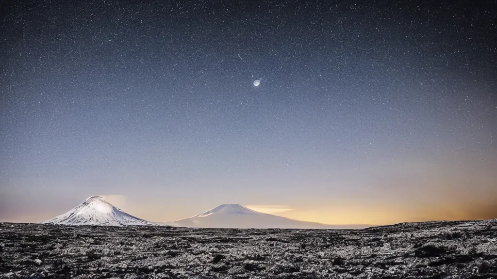 Image similar to A cold icy landscape under a clear starry sky. A volcano is erupting far away in the background. Lush green moon is seen in the sky. Wide angle.