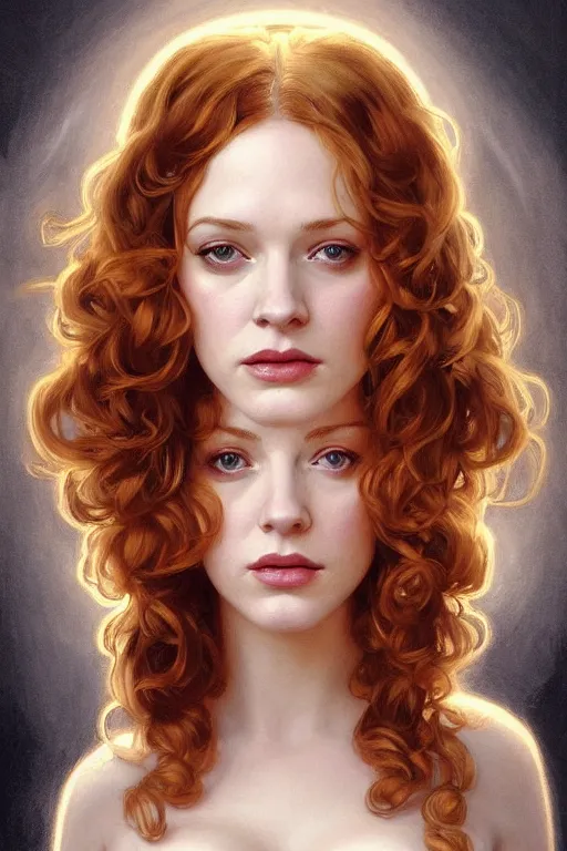 Image similar to symmetrical!! looking at the camera!!! a portrait of an angel young christina hendricks wearing a golden flowing dress, upper body, concept art, deep focus, sky, heaven, clouds, intricate, highly detailed, digital painting, artstation, matte, sharp focus, illustration, art by greg rutkowski and alphonse mucha